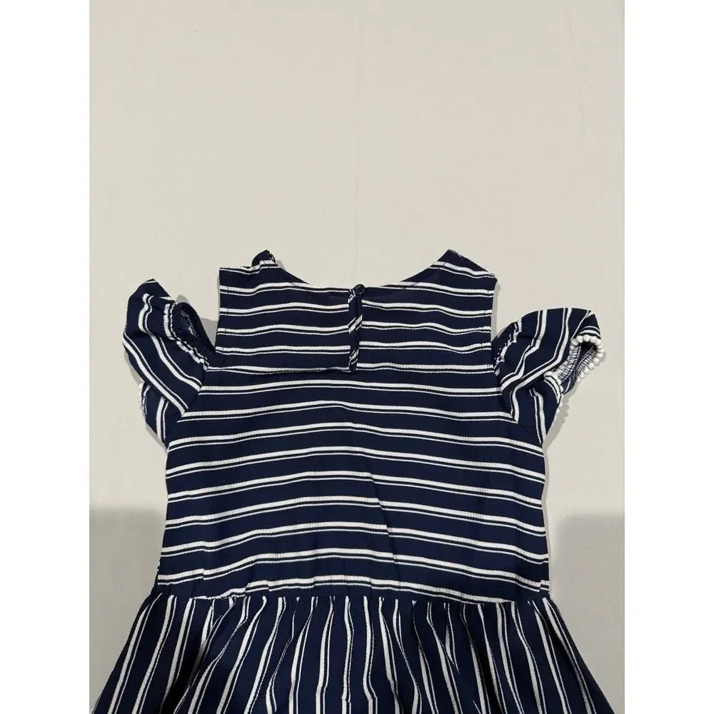 Wonder Nation Girls M (7-8) Blue White Striped Fit & Flare Ruffle Sleeve Dress